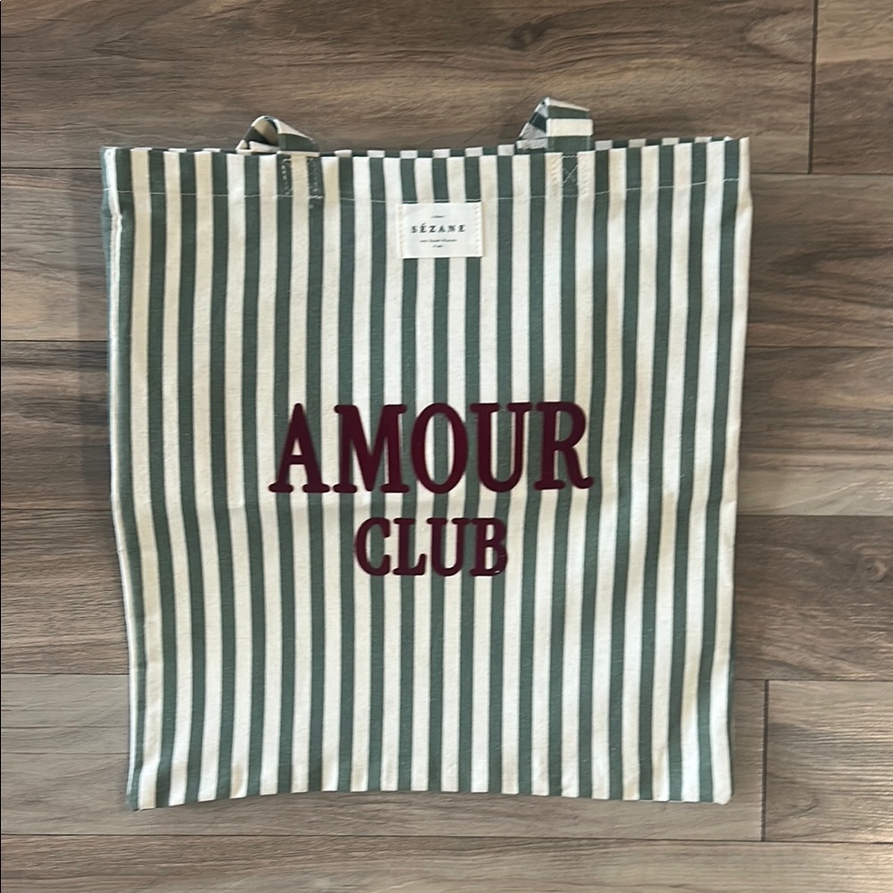Sézane Green & White Striped Tote Bag with Amour Club Velvet Lettering